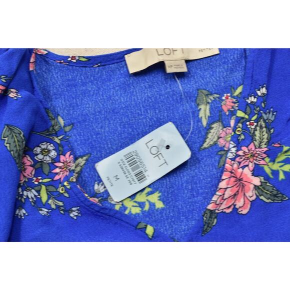 LOFT Petite Blue Floral Long Sleeve Blouse Top - Size M Rayon V Neck NEW - Picture 6 of 8